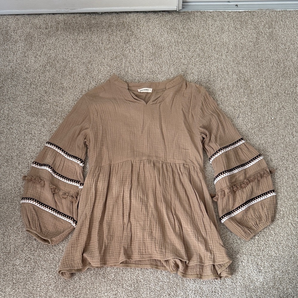 Chic Tan Blouse with Embellished Sleeves